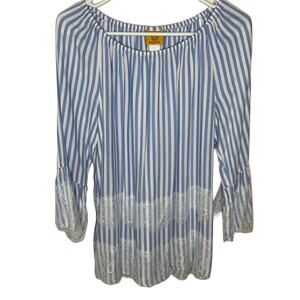 Ruby Rd. Blue Striped Off the Shoulder Flare sleeve shirt womens size small